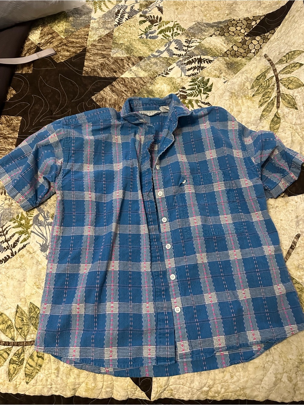 Blue and Pink embroidered detail Plaid Short-Sleeve top 100% cotton Shirt
